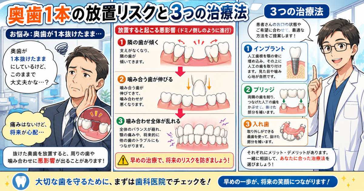 奥歯1本抜けたまま放置すると？半年後のリスクと3つの治療法比較