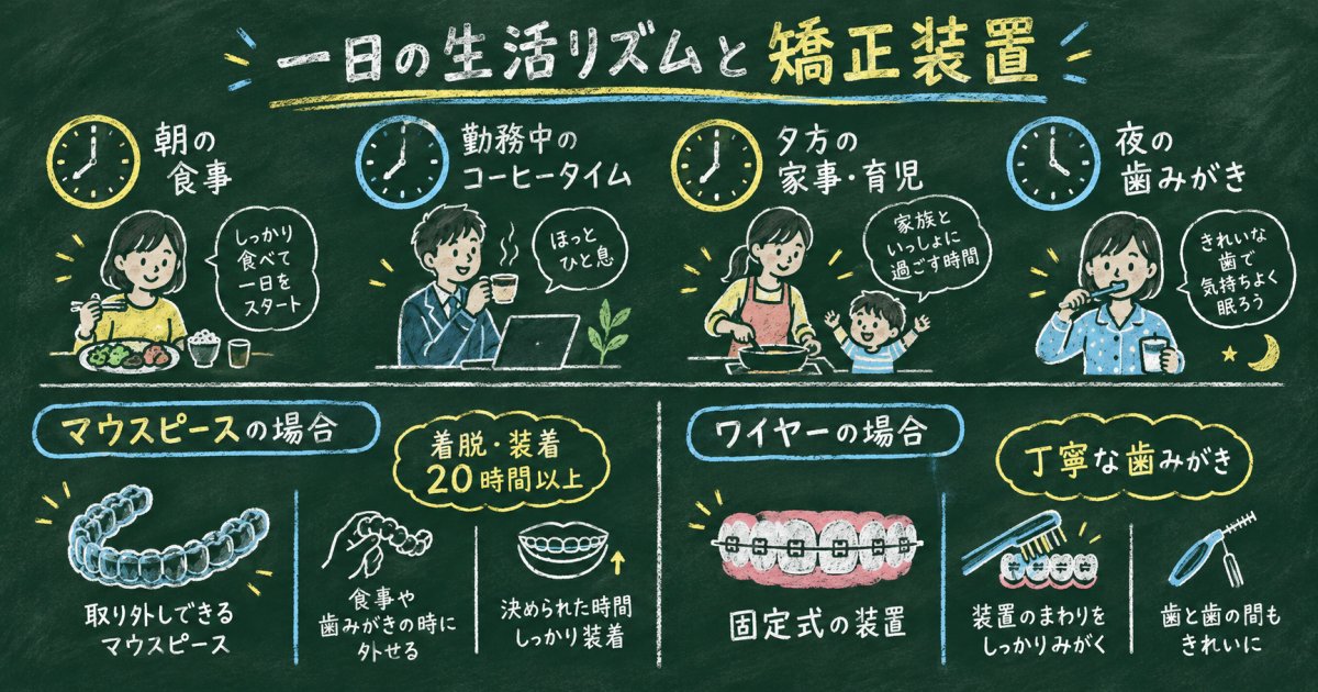 装着時間・食事・歯みがきの手間を一日の流れに当てはめる